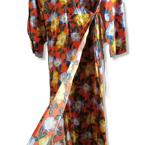 The Fifth Label orange Floral print long Wrap Dress Size M bell sleeves women's - Picture 9 of 11